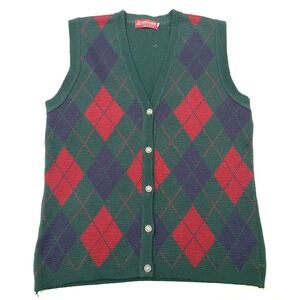 Vintage Pitlochry Wool Argyle Sweater Vest L Christmas Metal Button Scotland